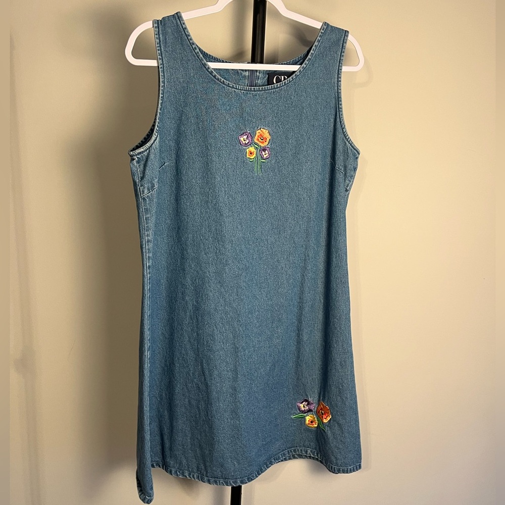 CB Casual Blue Jean Denim Dress  Pansy Floral Accents Large Vintage 90s Large